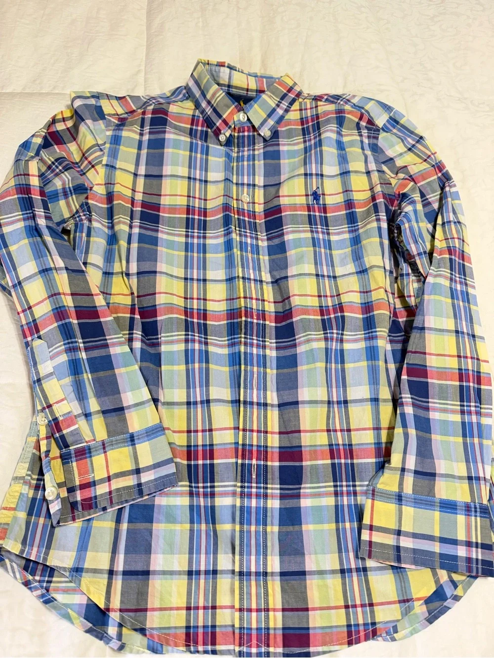 Polo Ralph Lauren Boys L 14-16 Blue Yellow Plaid Button Down Shirt Long Sleeve